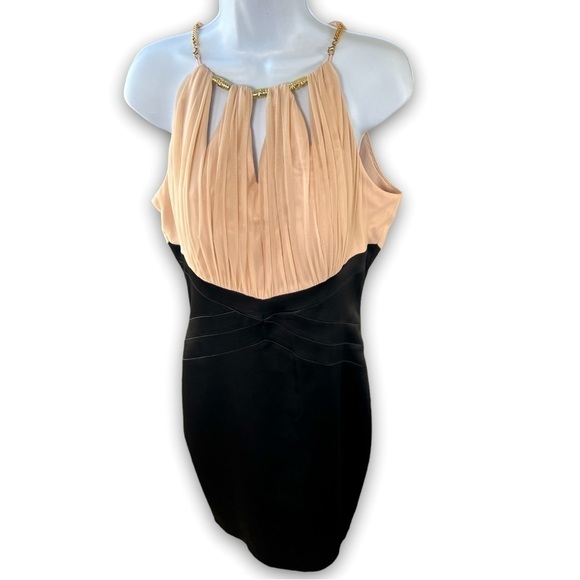JAX Black & Pink Nude Stretchy Zip Up Dress With Gold Chain Size 10 New - Picture 2 of 16